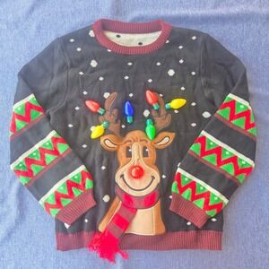Ugly Sweater XL Black Green Red Holiday Christmas Reindeer LED Lights Men/Women